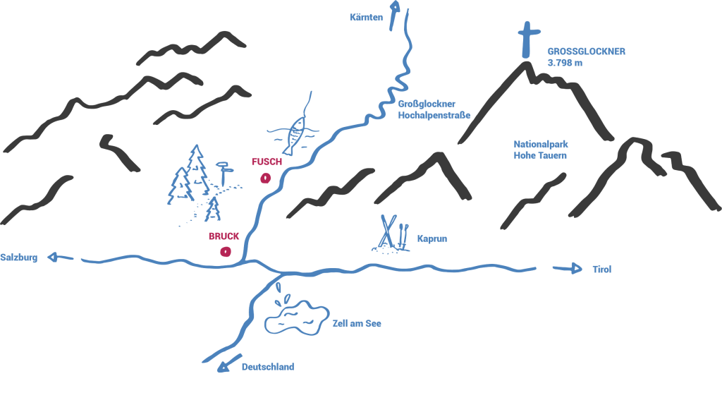 Karte der Umgebung des Hotels Wasserfall in Fusch an der Großglocknerstraße.